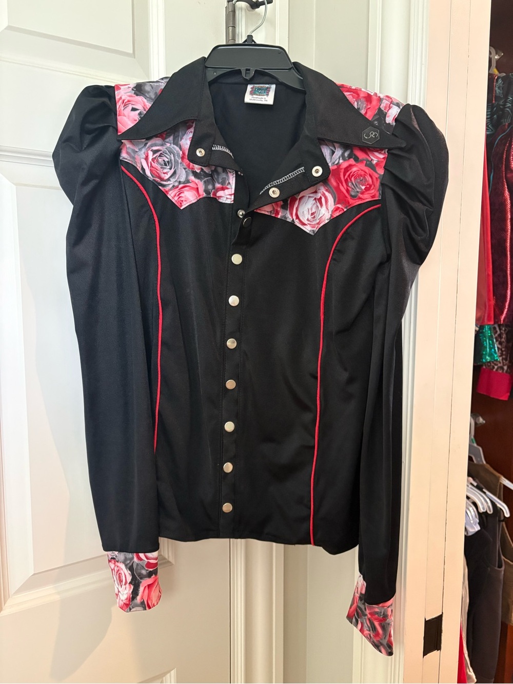 Black Floral Yoke Button-Down Shirt with Puff Shoulders